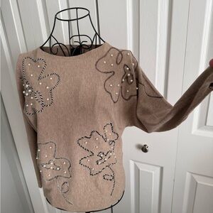 AAEDA Embroidered Tan Sweater with Pearl Accents, NWT